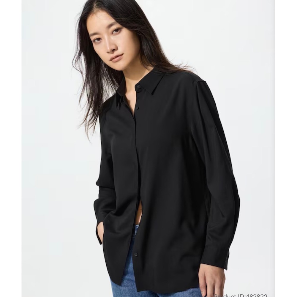 Uniqlo Womens Medium Black Button Down Shirt Rayon Capsule Office Minimal Classy